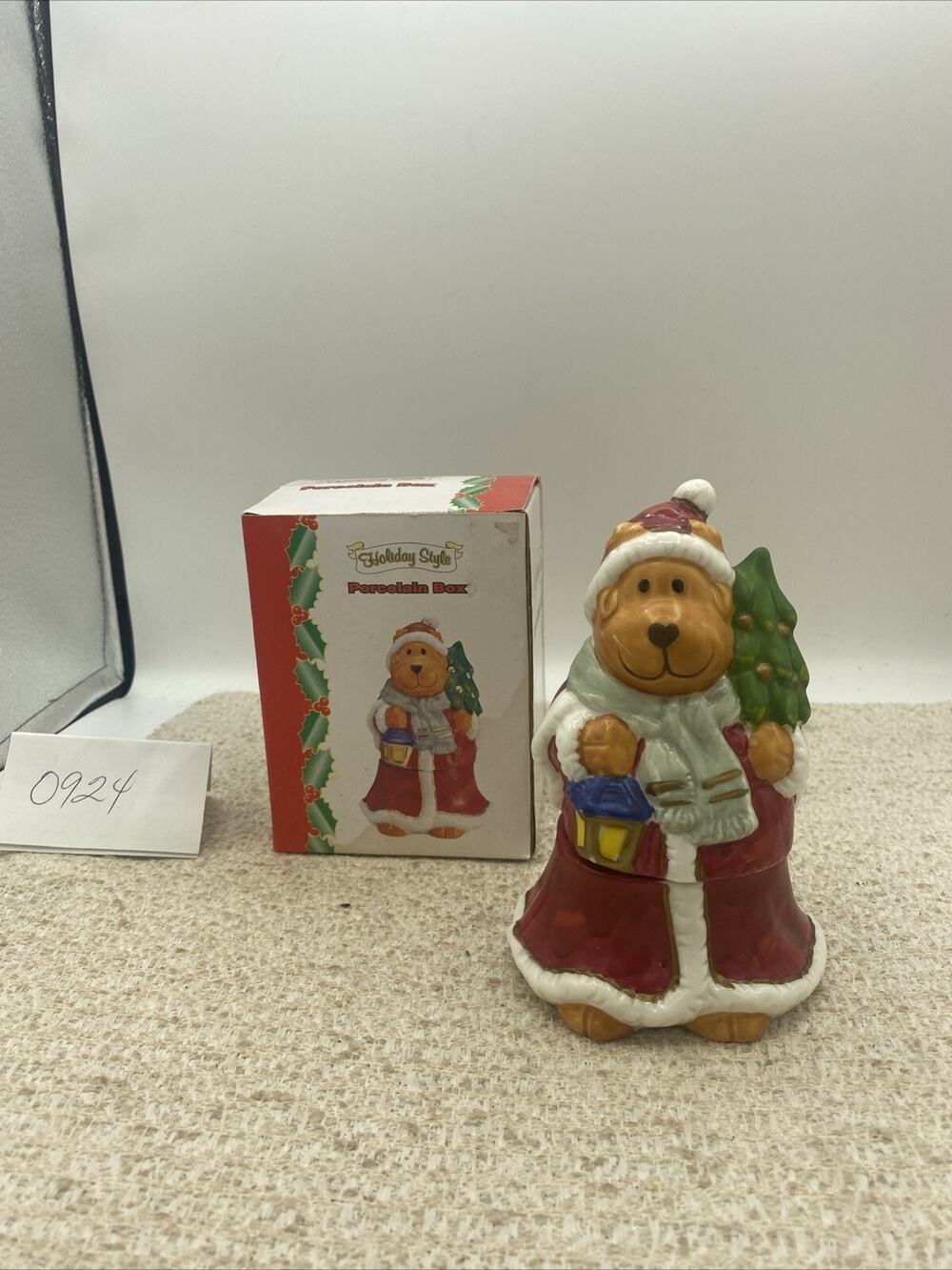 Vintage Holiday Style Santa Puppy Trinket Box Holiday Christmas 6” Tall